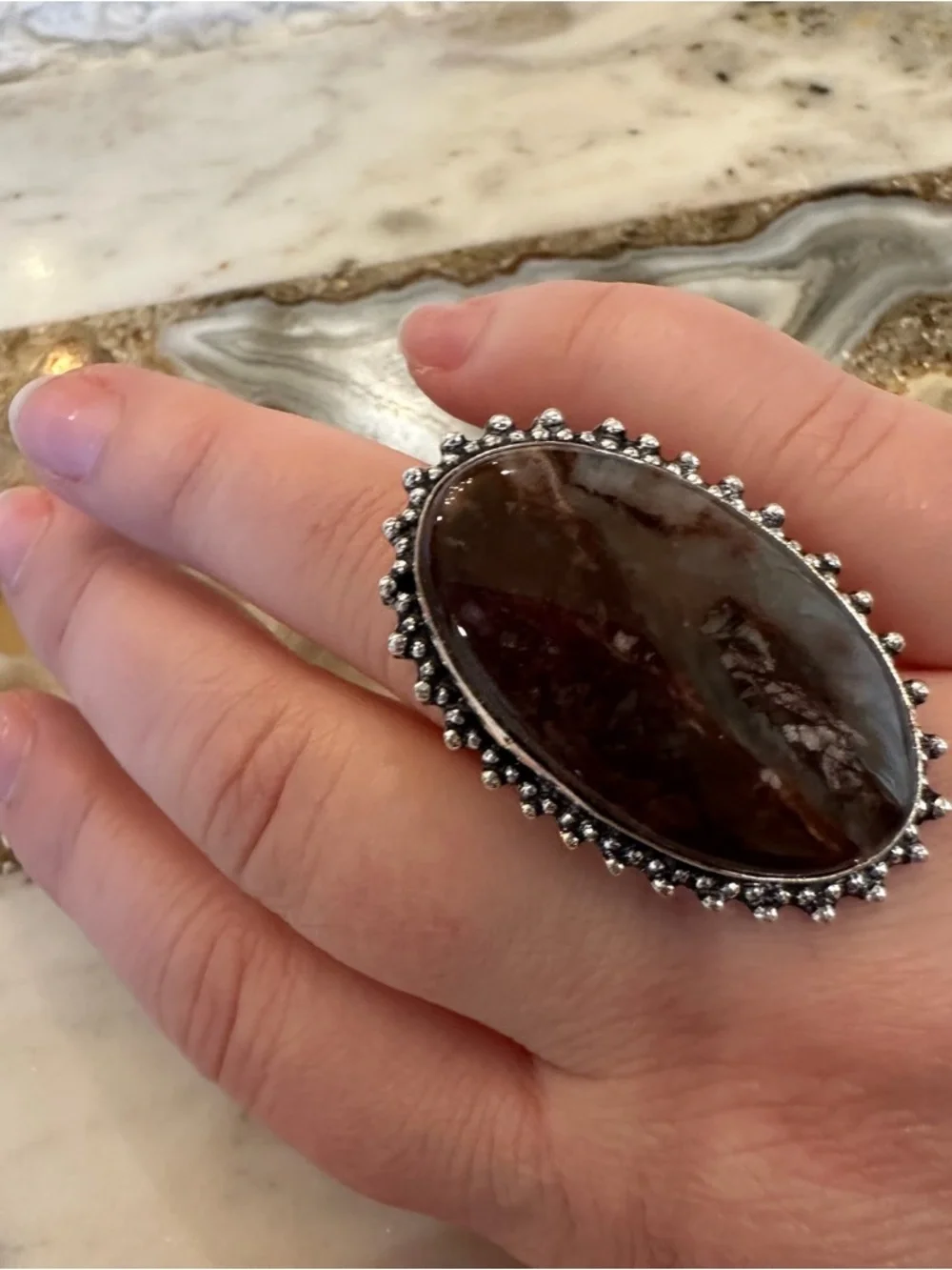 2533 Artisan Silver Ring with Deep Brown Mexican Laguna Lace Stone